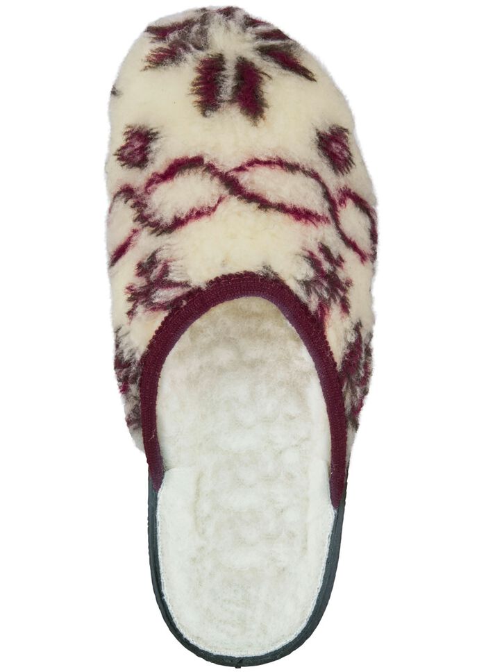 Pantoffel aus bedrucktem Pl&uuml;schmaterial ECRU-ROT