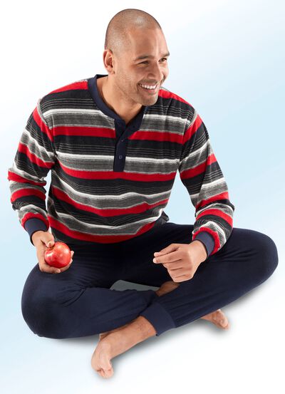 Schlafanzug aus Frottierstretch, mit Knopfleiste und B&uuml;ndchenabschl&uuml;ssen 