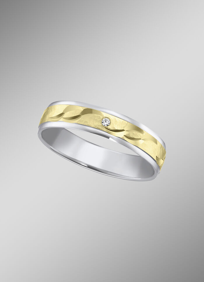 Trauring in Bicolor mit geh&auml;mmerten Glanzschnitten 