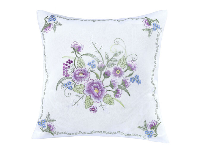 Tischdecke oder Kissenbezug mit Bl&uuml;ten-Stickerei WEISS-BUNT