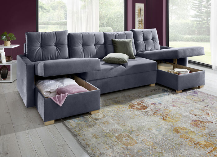 Gemütliche Wohnlandschaft mit Bettfunktion und 3 Bettkästen ANTHRAZIT