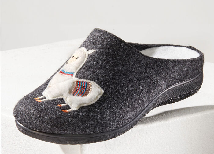 Kuschelwarme Hausschuhe mit Lama-Applikation ANTHRAZIT