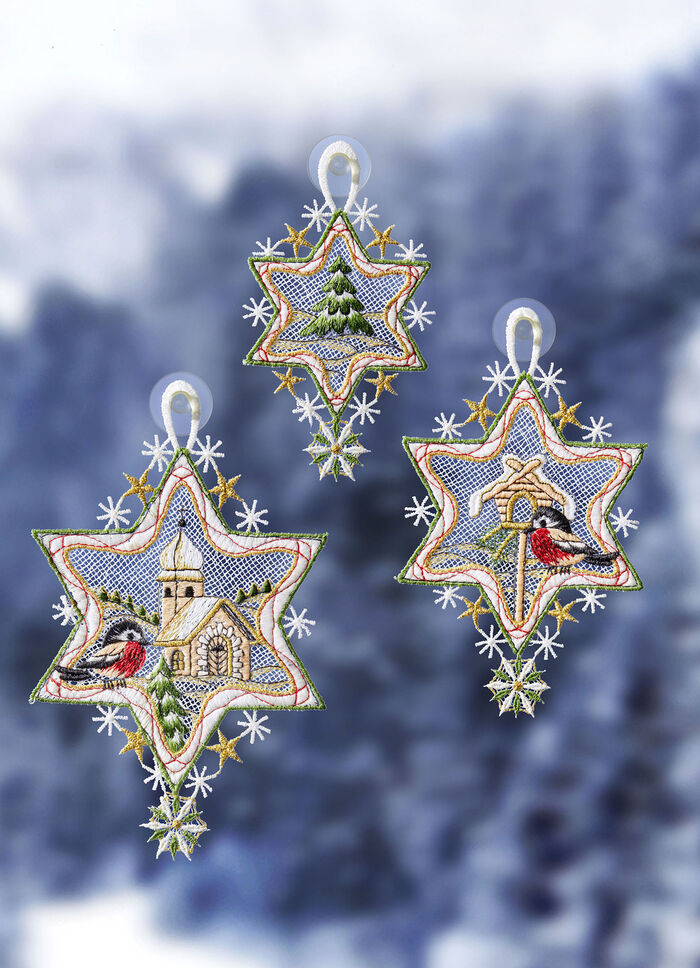 Fensterbild Sterne, 3er-Set, aus Plauener Spitze 