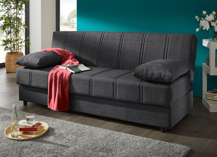 Frei im Raum aufstellbares Schlafsofa mit Dekokissen und Bettkasten ANTHRAZIT