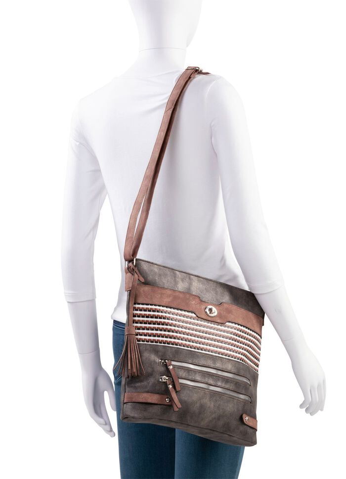 Tasche mit teilweise glitzernden Flechtdurchz&uuml;gen GRAU-BRAUN