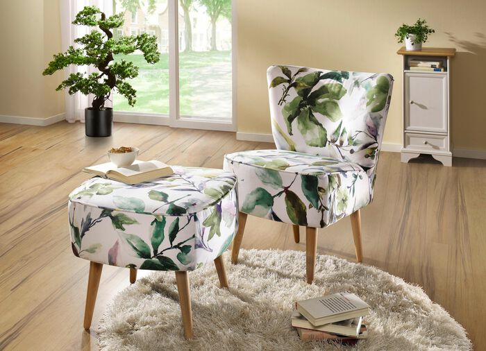 Hocker mit naturnahen Bl&auml;ttermotiven und Komfortschaum-Polsterung WEISS-GR&Uuml;N