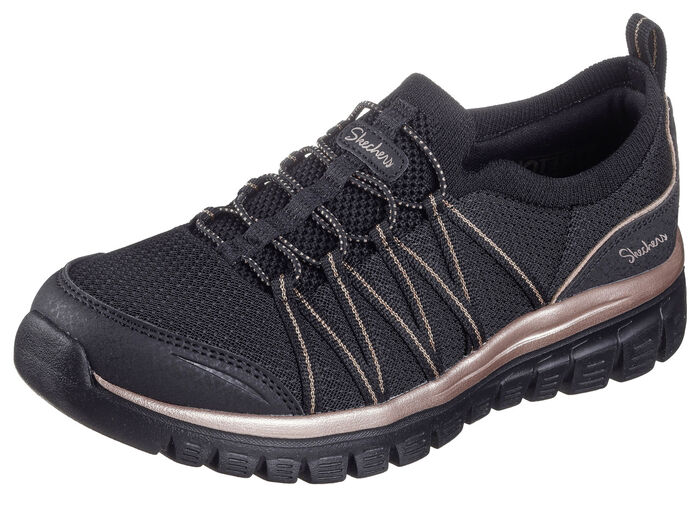 SKECHERS,  trendige Damen-Slipper, aus gestricktem Mesh-Material SCHWARZ-ROSÉGOLD