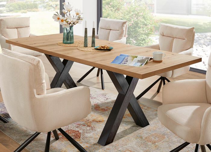 Esstisch mit X-Gestell und Synchronauszug ASTEICHE-SCHWARZSTAHL