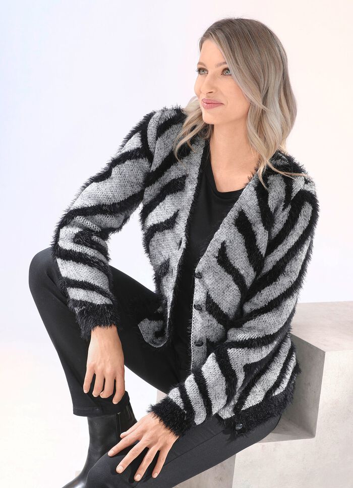 Strickjacke mit haarigem Effektgarn GRAU MELIERT-SCHWARZ