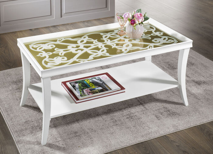 Couchtisch mit Rankenmuster auf der Glas-Tischplatte 