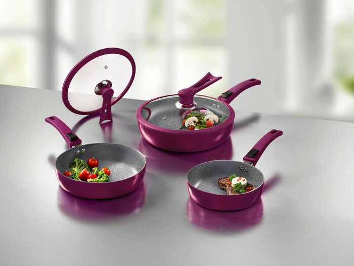 Profi-Pfannen-Set, 7-teilig, mit innovativen Standdeckeln BEERE