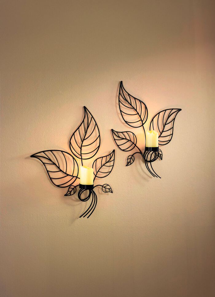 Wandkerzenhalter, 2er-Set, mit LED-Echtwachskerzen 