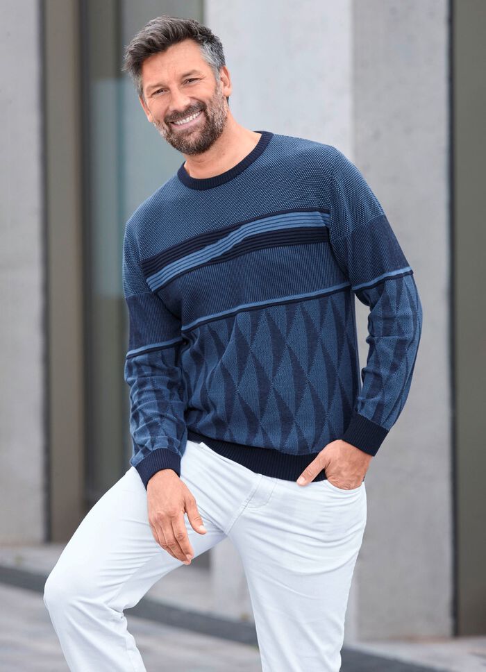 Gemusterter Rundhalspullover in 2 Farben MARINE-BLAU