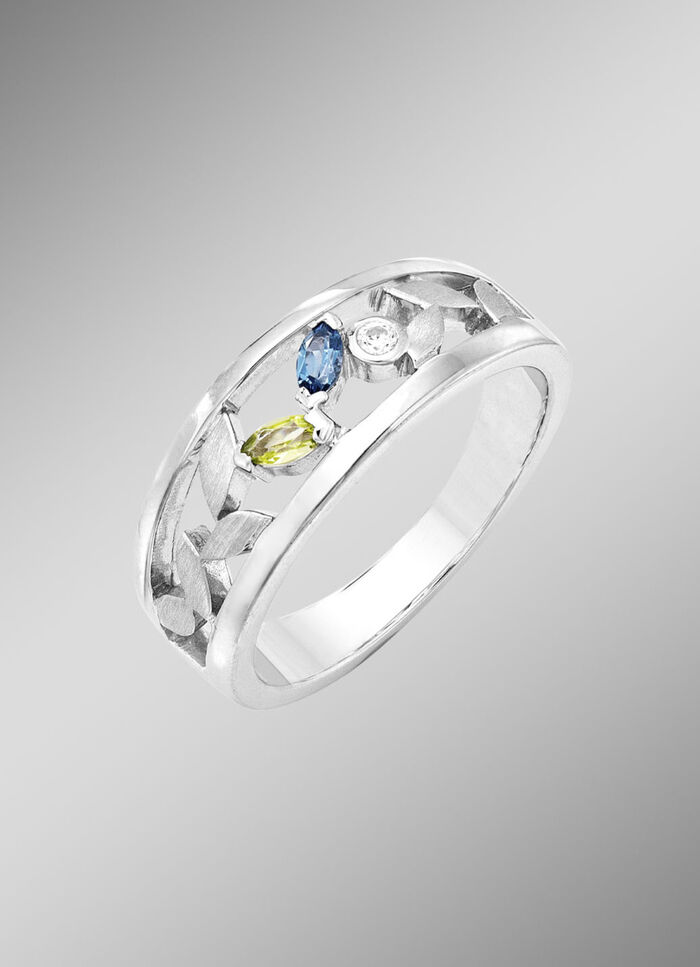 Damenring mit echt Peridot, Blautopas, beh., und synth. Zirkonia 