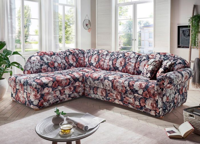 Polsterecke mit Bettfunktion und Bettkasten BLAU-ROT