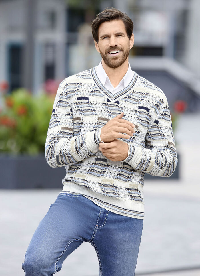 Modischer V-Pullover mit Intarsienmuster ECRU-BEIGE-MARINE