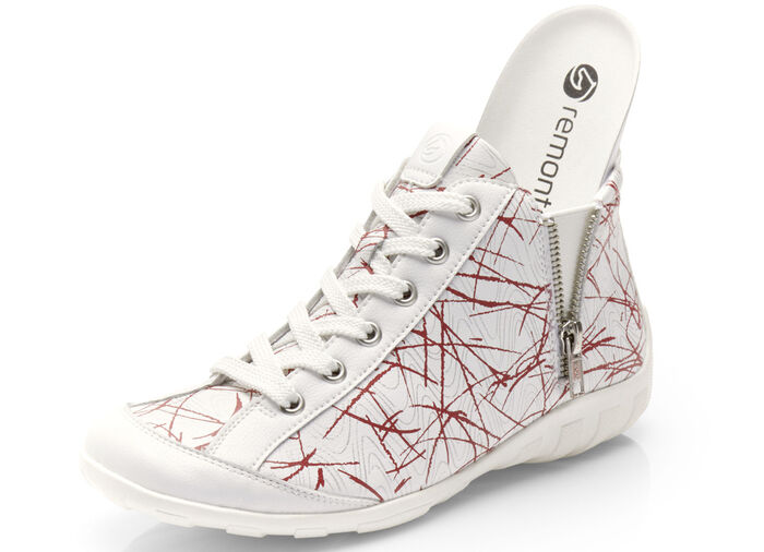 Remonte Schn&uuml;r-Stiefelette aus effektvoll bedrucktem Nappaleder WEISS-ROT