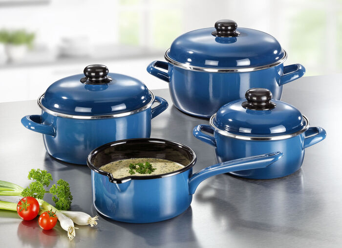 Topf-Set, 7-teilig, aus widerstandsfähigem Stahl-Emaille von GSW BLAU