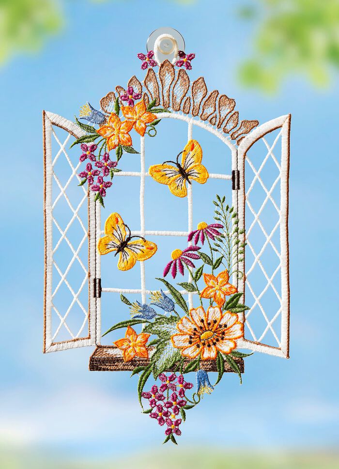 Fensterbild Fr&uuml;hlingsfenster aus echter Plauener Spitze 