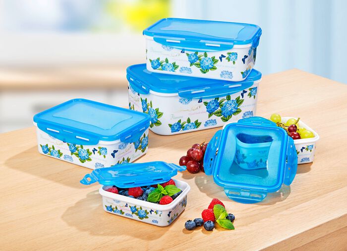 Dosen-Set eckig, 10-teilig mit sch&ouml;nem Hortensien-Dekor 