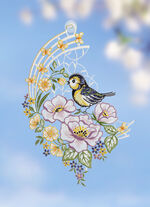 Fensterbild Meise im Frühling aus Plauener Spitze 