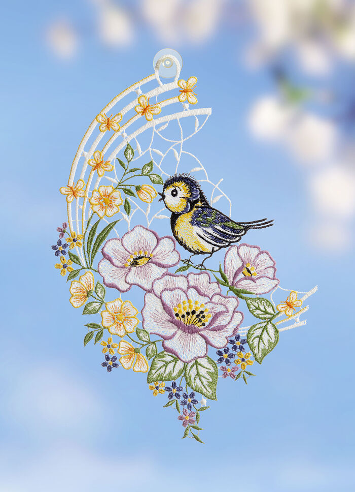 Fensterbild Meise im Frühling aus Plauener Spitze 