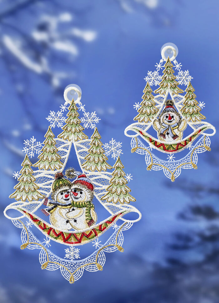 Fensterbilder Schneemänner aus echter Plauener Spitze BUNT