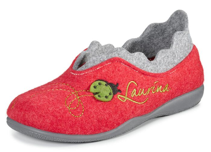 Laurina Filz-Hausschuh mit fantasievoller Stickerei ROT-HELLGRAU