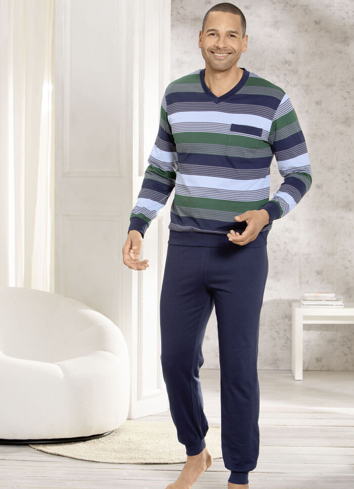 Zweierpack Schlafanzüge mit V-Ausschnitt und aufgesetzter Brusttasche in Ringeldessin 
