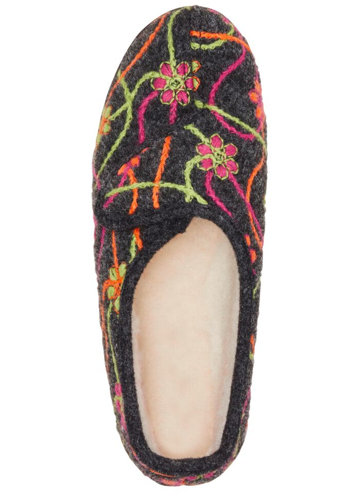 Klett-Hausschuh mit bunter Bl&uuml;ten-Stickerei 