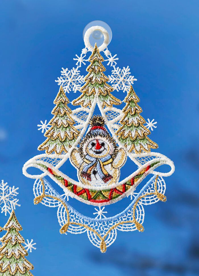 Fensterbilder Schneem&auml;nner aus echter Plauener Spitze 