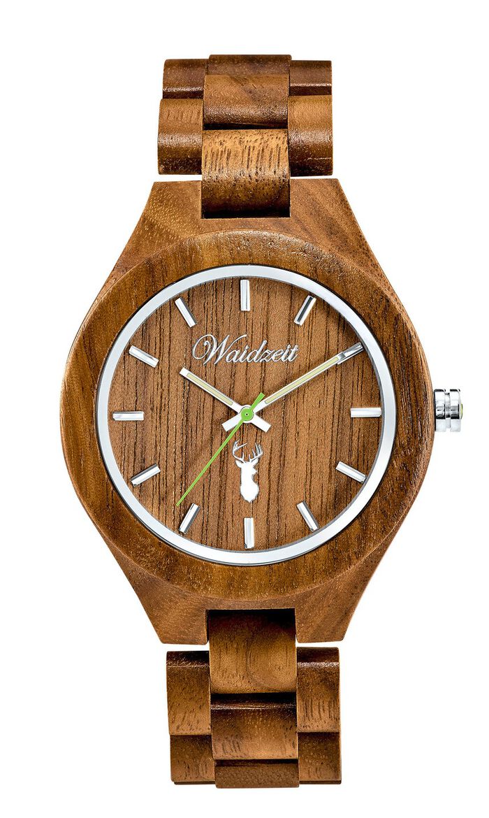 Herrenuhr der Marke Waidzeit, komplett gefertigt aus naturbelassenem Walnussholz 