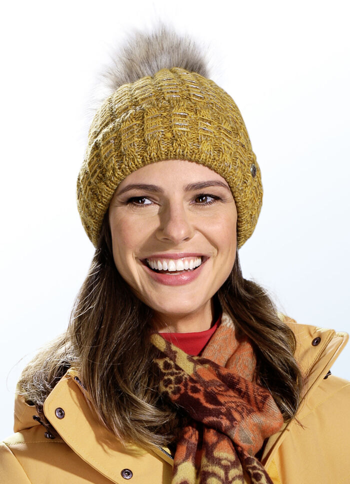 Strickmütze mit flauschigem Kunstpelz-Bommel HONIG