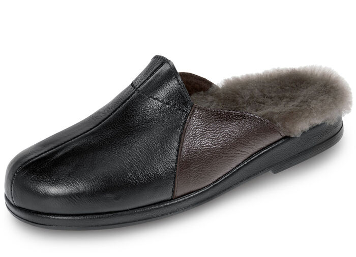Gefütterte Herren-Hausschuhe, mit Lammfell SCHWARZ-MOKKA