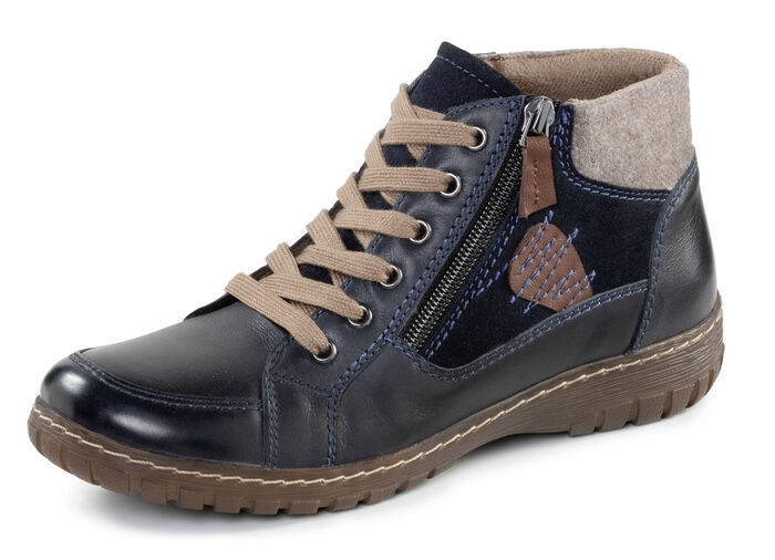 ELENA EDEN Schn&uuml;r-Bootie aus Leder-Materialmix DUNKELBLAU-BRAUN