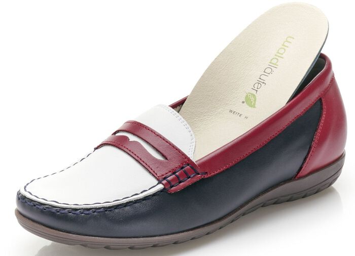 Waldl&auml;ufer Mokassin-Slipper mit herausnehmbaren Lederfu&szlig;bett BLAU-WEISS-ROT
