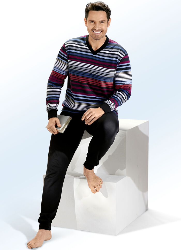 Schlafanzug mit V-Ausschnitt und Bündchenabschlüssen BEERE-BLAU-SCHWARZ