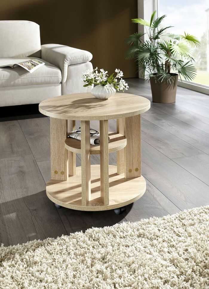 Couchtisch mit 2 Ablagefl&auml;chen und 4 Rollen EICHE SONOMA