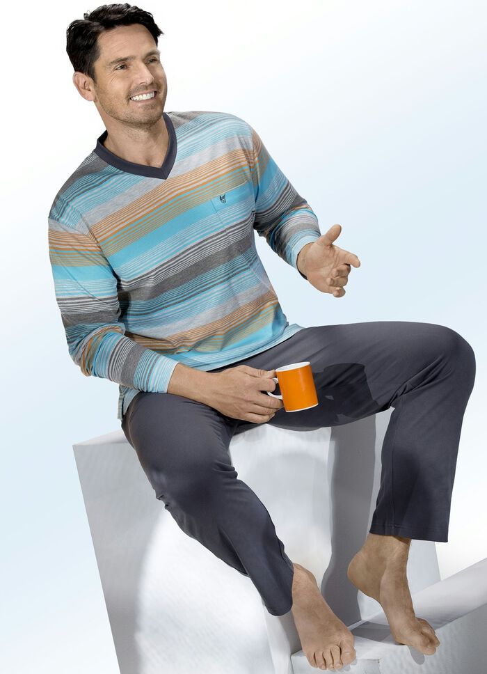 Hajo Klima Komfort Schlafanzug mit garngef&auml;rbtem Ringeldessin, V-Ausschnitt, Brusttasche 