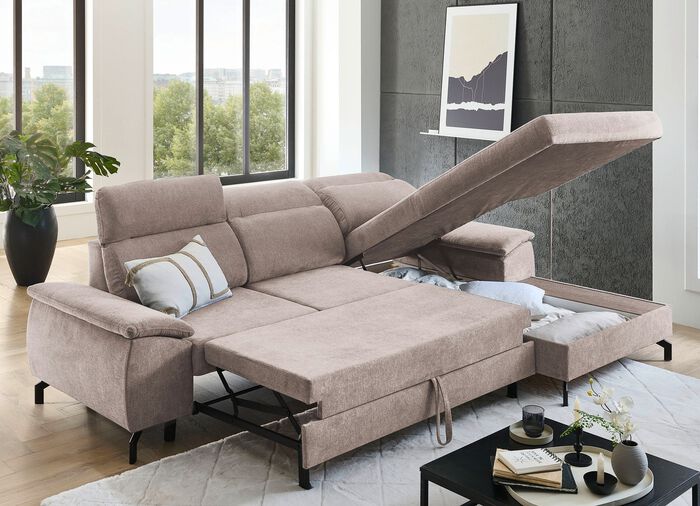 Polsterecke mit Bettfunktion und Bettkasten BEIGE