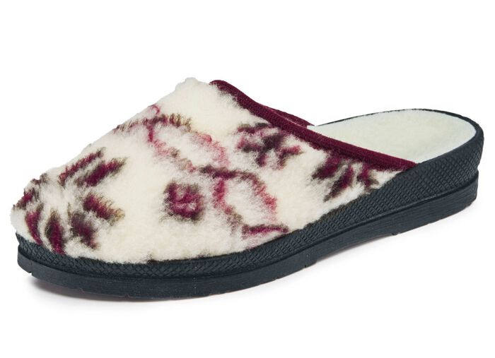 Pantoffel aus bedrucktem Pl&uuml;schmaterial ECRU-ROT