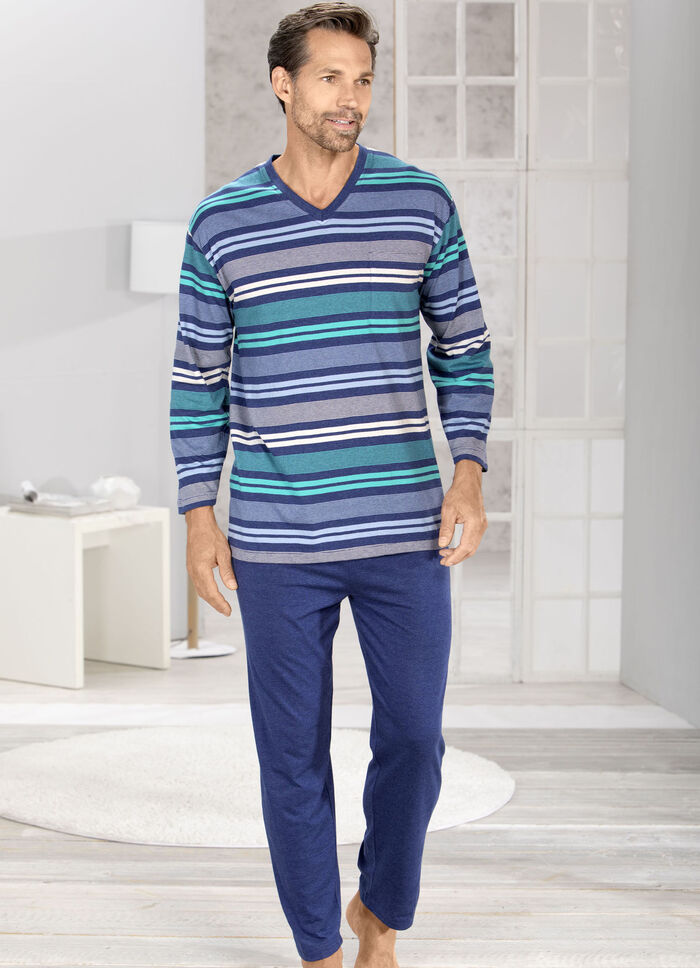 Schlafanzug mit V-Ausschnitt und garngefärbtem Ringel 