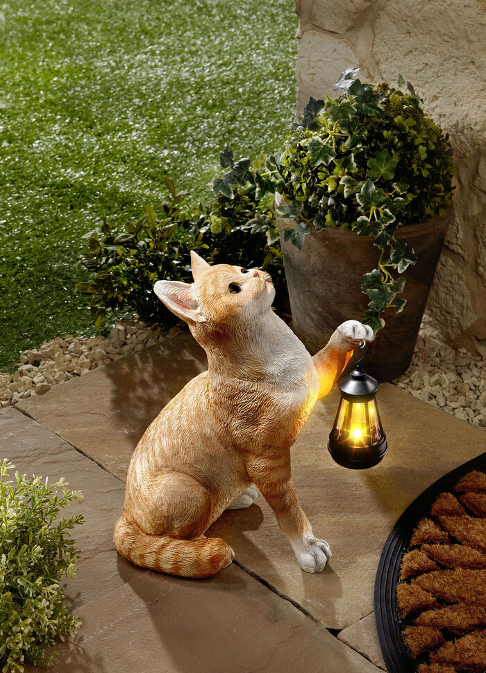 Katze aus Polyresin mit LED-Laterne 