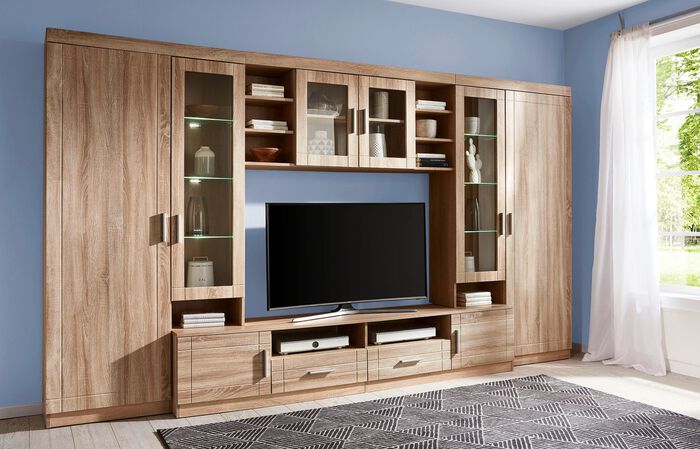 Wohnwand mit LED-Glasbodenbeleuchtung EICHE SONOMA