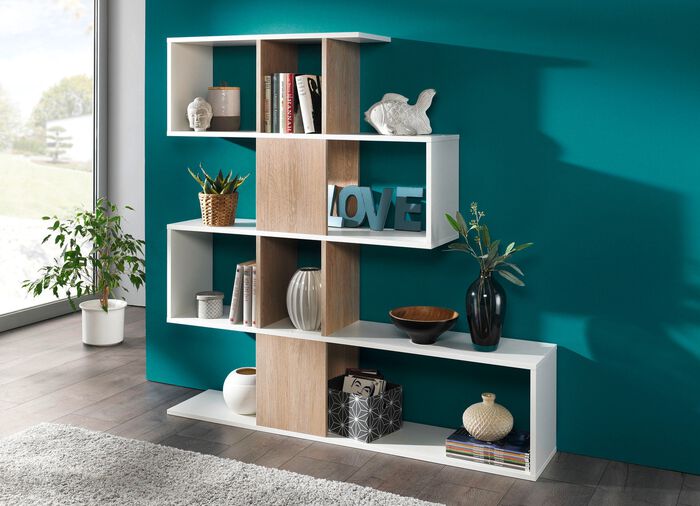 Innovatives Standregal mit gro&szlig;en F&auml;chern und 5 Ebenen WEISS-EICHE