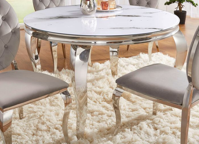 Esstisch mit Glasplatte CHROM-MARMOROPTIK WEISS
