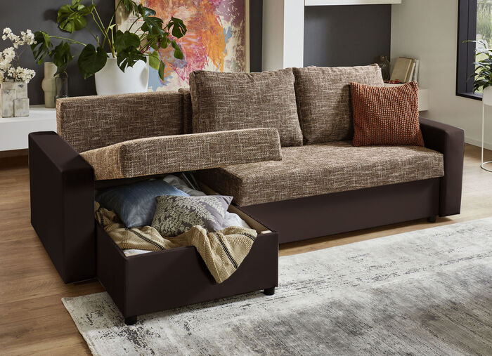 Frei im Raum aufstellbare Polsterecke mit Hocker BRAUN-BRAUN