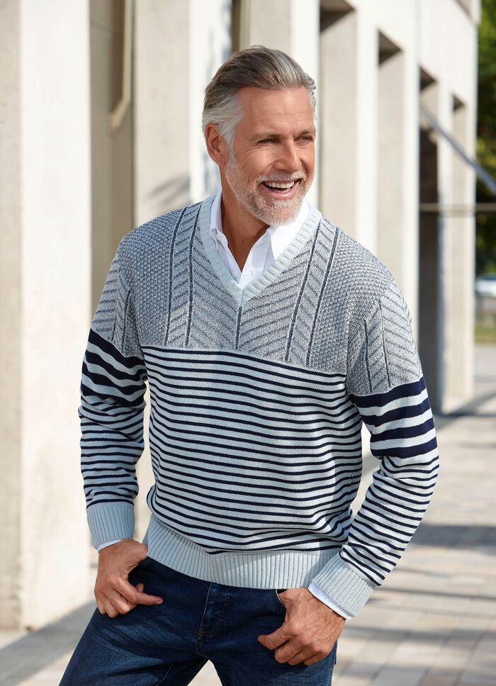 V-Pullover mit Streifen- und Strukturdessin 