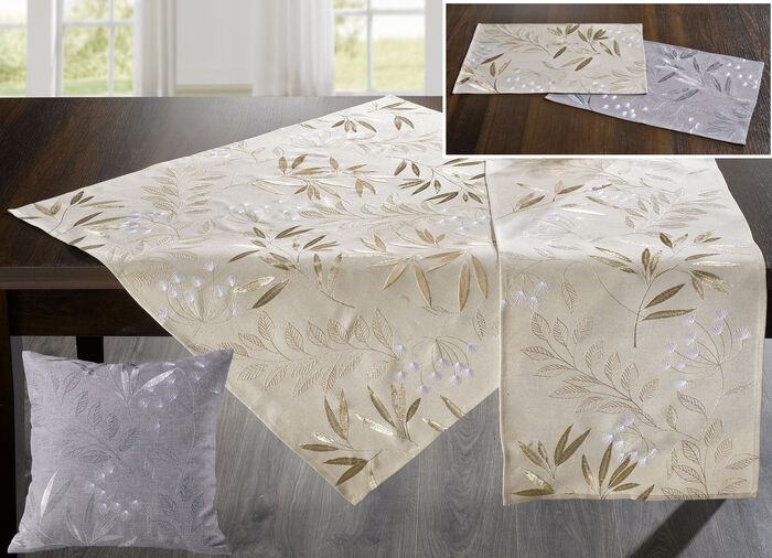 Bestickte Tisch- und Raumdekoration mit Gräser- und Blätter-Dessin BEIGE