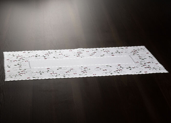 Bestickte Tisch- und Raumdekoration mit Blümchen-Bordüre WOLLWEISS-ROSA